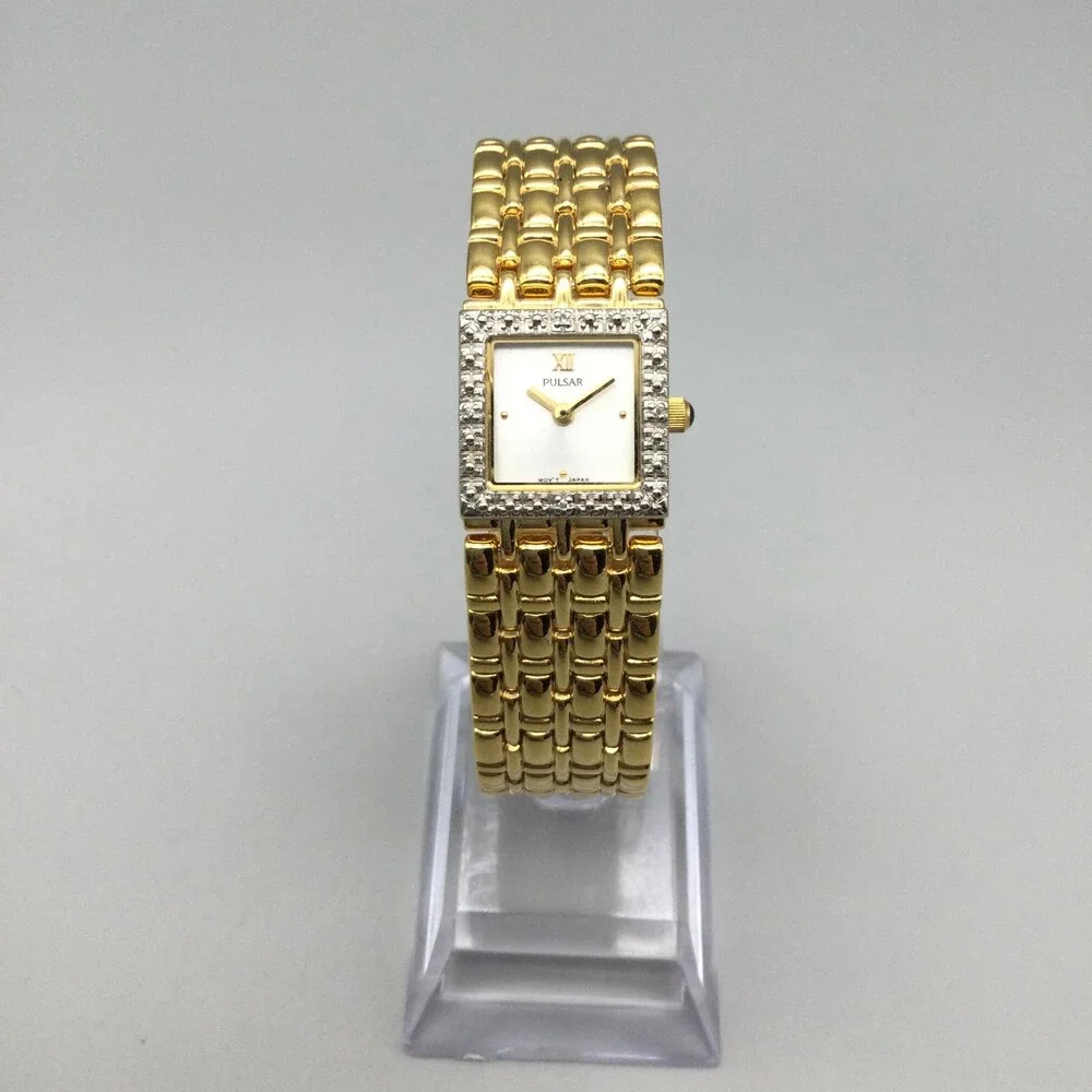 Pulsar Women Watch 17mm White Dial Gold Tone Diamond V810-X056 New Battery 6.75